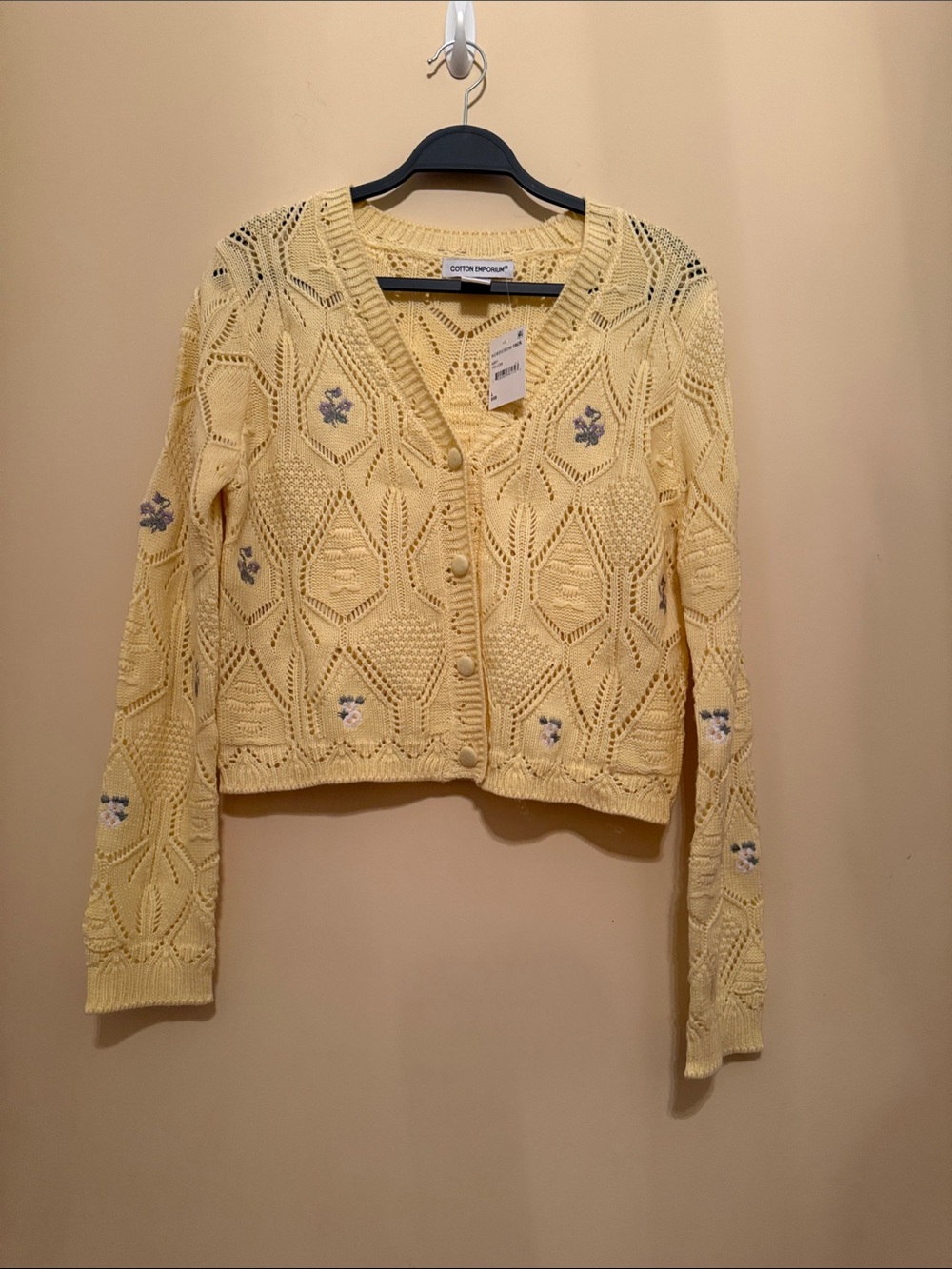 Cotton Emporium Yellow Floral Embroidered Crop Pointelle Cardigan NWT L